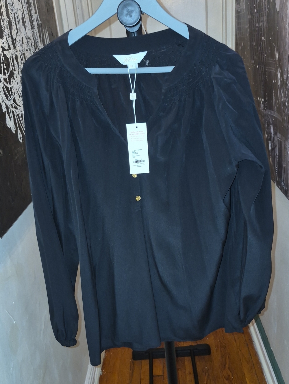 Lilly Pulitzer Black Long-Sleeve Blouse with Gold Buttons